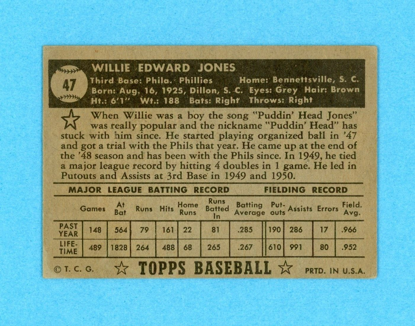 1952 Topps #47 Willie Jones Phila Phillies Baseball Card Ex/Ex+ ap brc tra scr