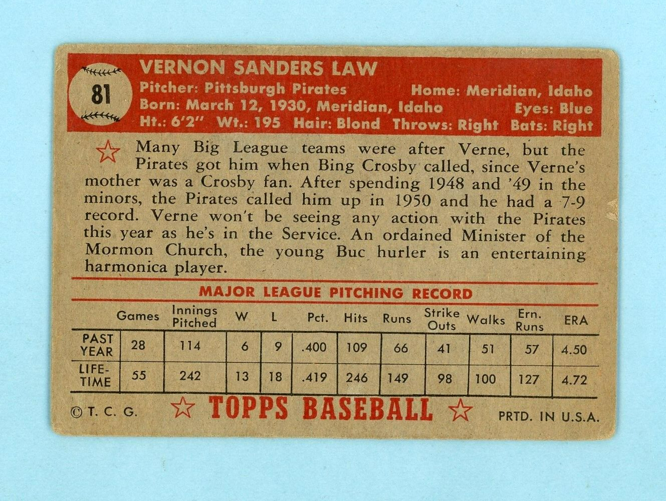 1952 Topps #81 Vernon Law Pittsburgh Pirates Baseball Card Low Grade