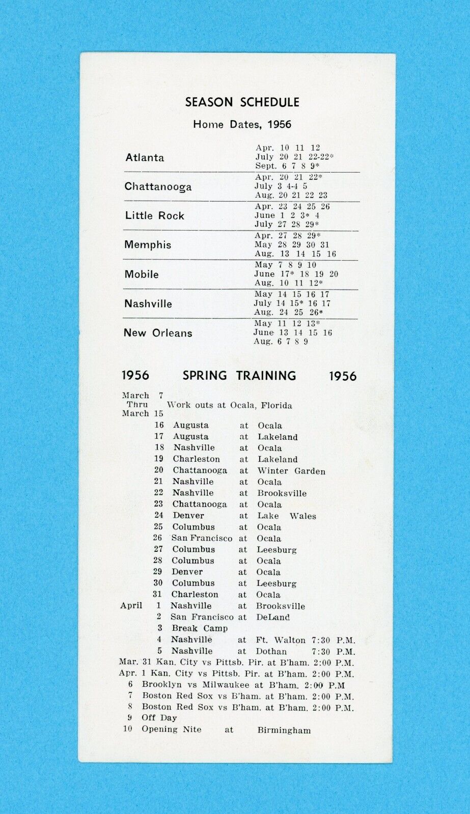 1956 Birmingham Barons Spring Roster/Schedule Pamphlet