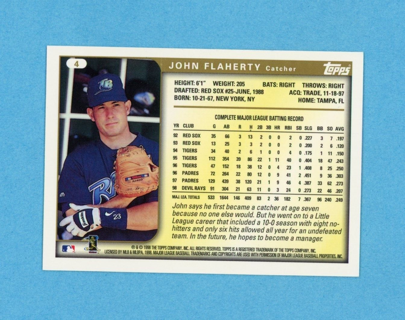 John Flaherty Tampa Bay Devil Rays 1999 Topps #4 Autographed Baseball Card