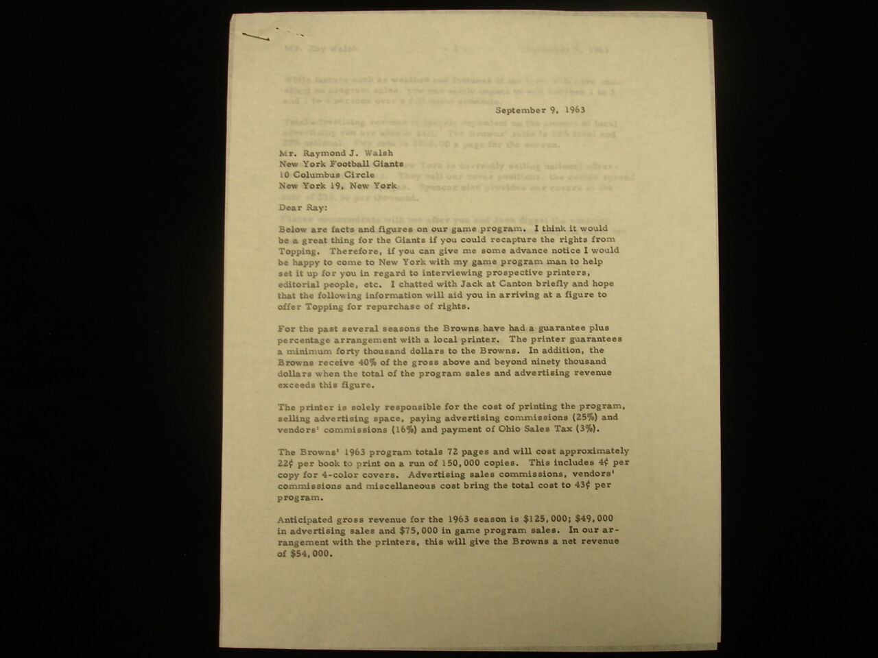 September 9, 1963 New York Giants Letter to Ray Walsh