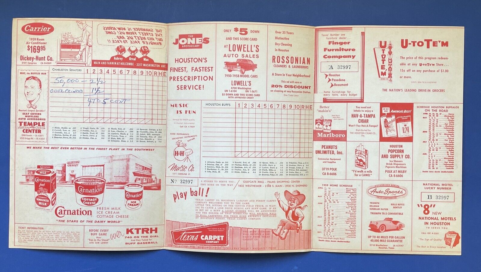 1959 Houston Buffs Minor League Baseball Scorecard vs Charleston Senators