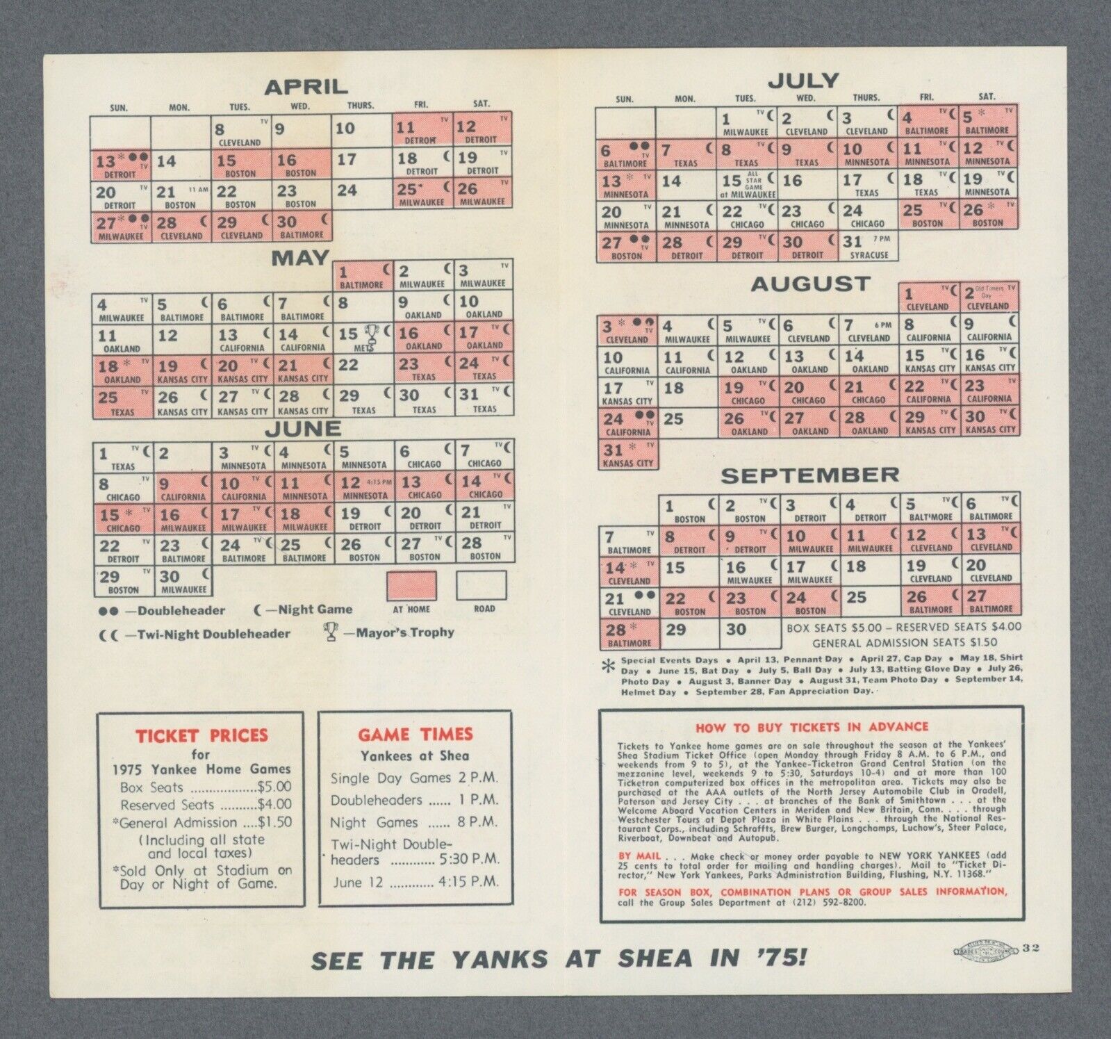 1975 New York Yankees Pocket Schedule 3"x5.5"