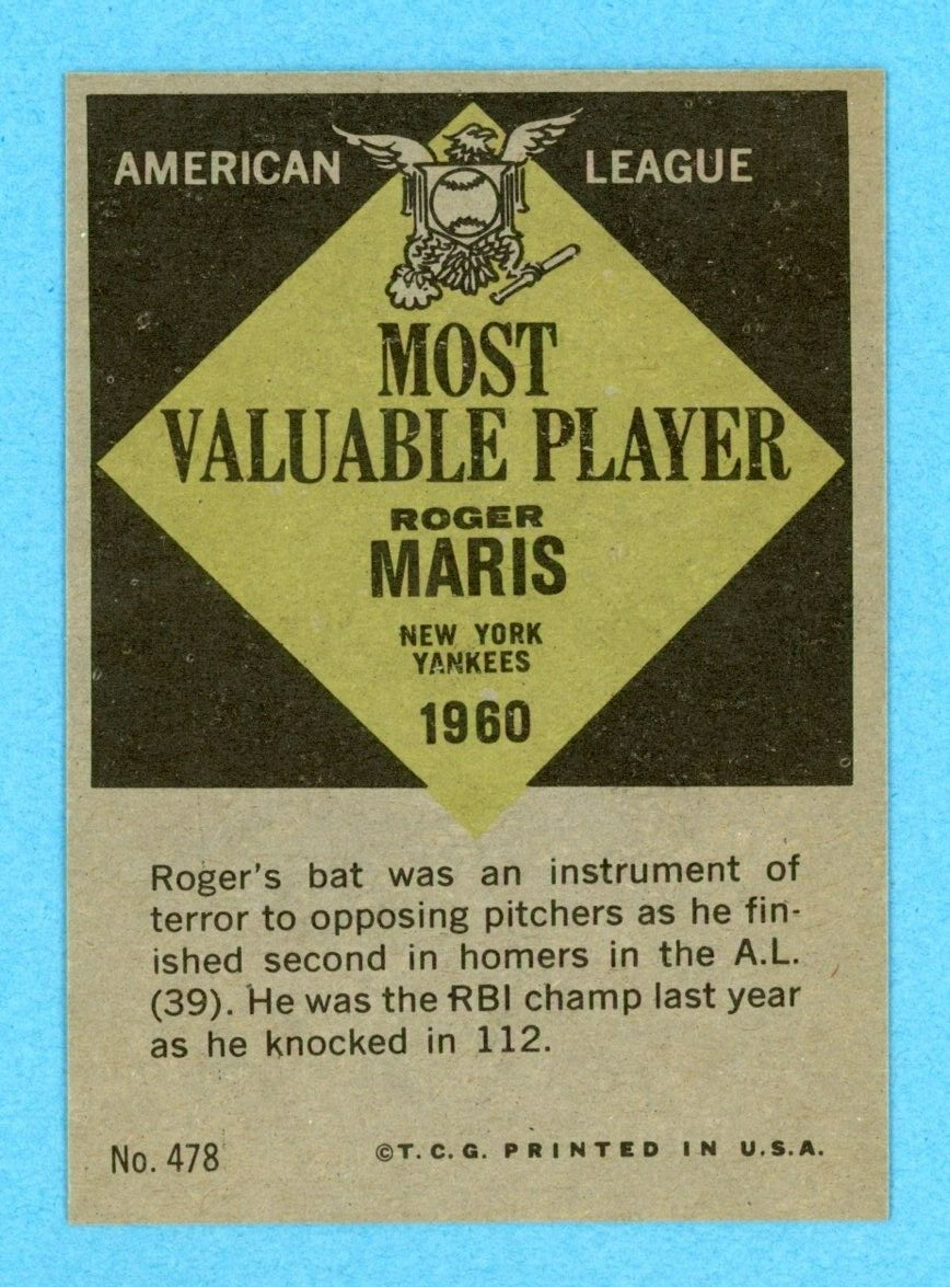 1961 Topps #478 Roger Maris 1960 MVP New York Yankees Baseball Card NM