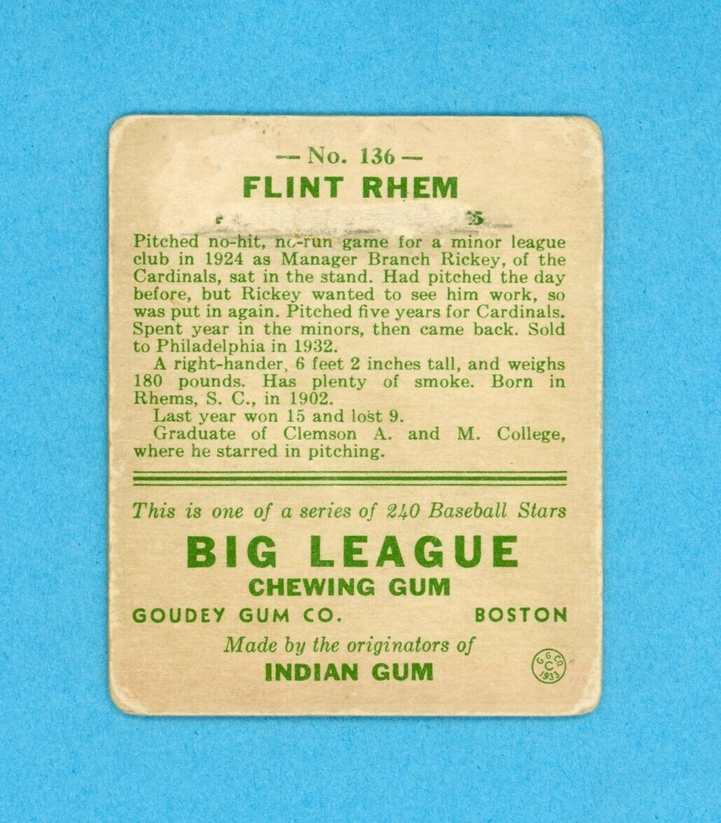 1933 Goudey #136 Flint Rhem Philadelphia Phillies Baseball Card Low Grade dg bk