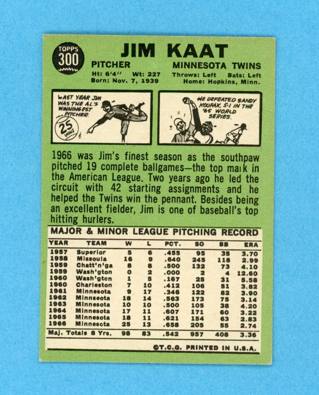 1967 Topps #300 Jim Kaat Minnesota Twins Baseball Card EX - EX+