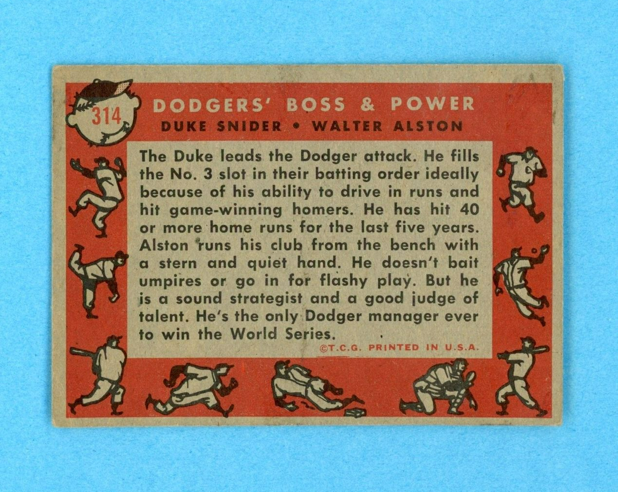 1958 Topps #314 Dodgers Boss & Power Duke Snider, Walter Alston Baseball Card VE