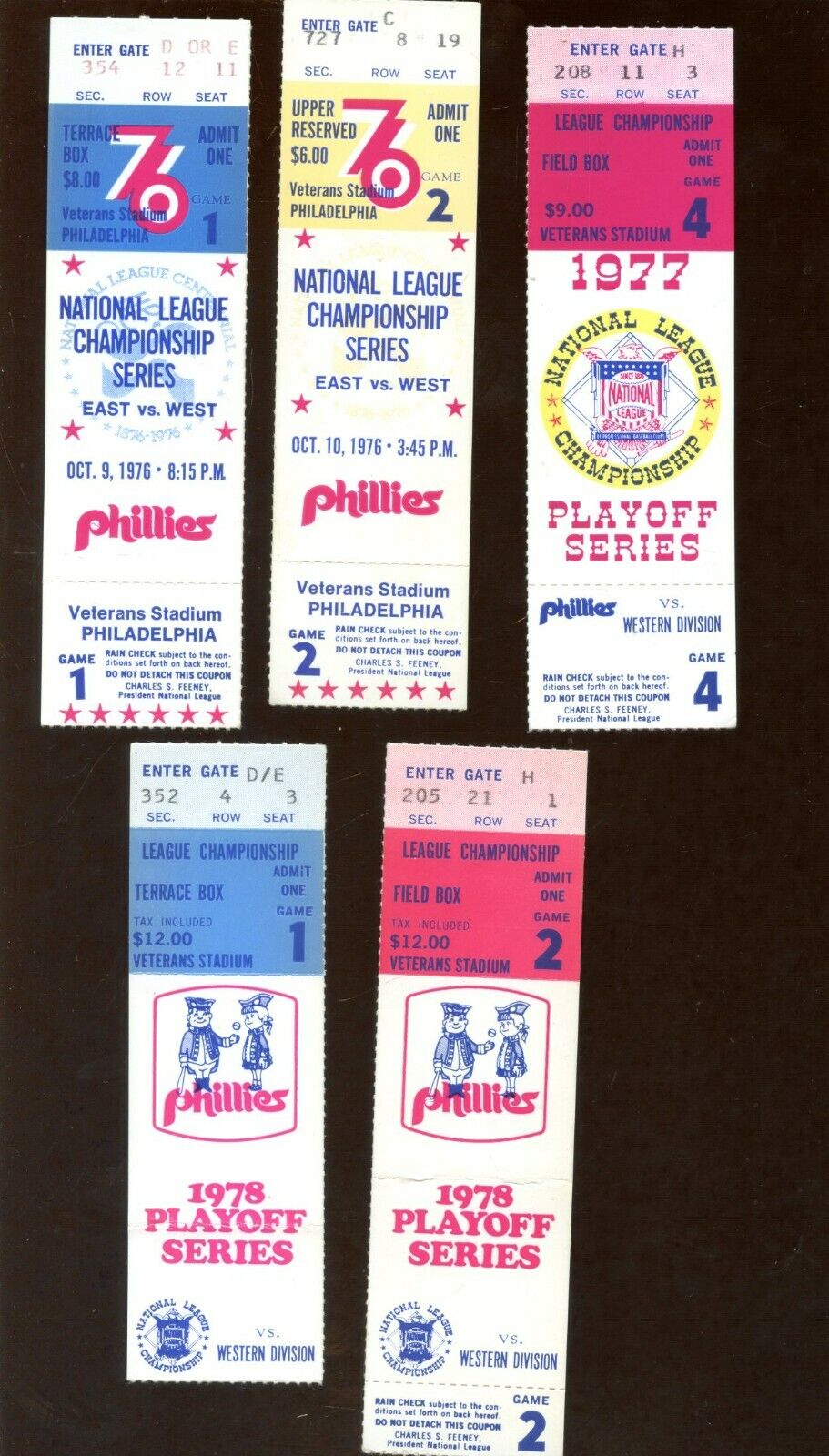 1976/1978 Philadelphia Phillies Baseball NLCS Tickets 5 Different