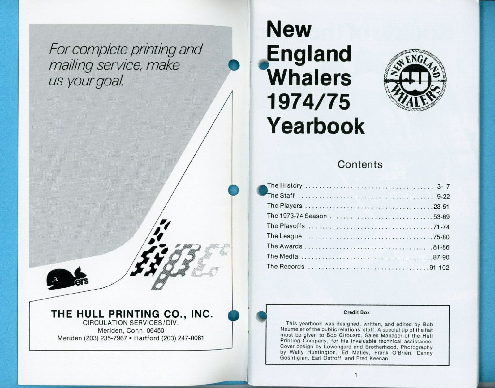 1974-75 New England Whalers Yearbook (punch holes left side)