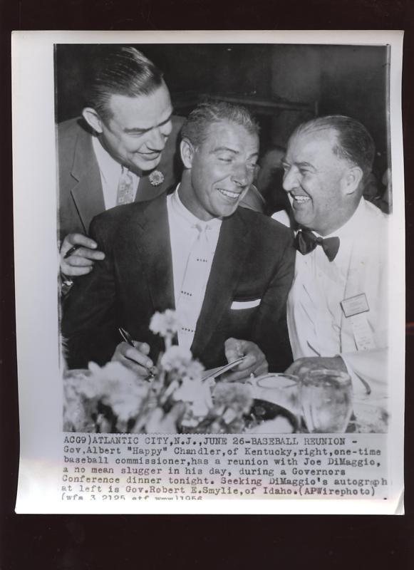 Original 1956 Joe DiMaggio & Happy Chandler Wire Photo 