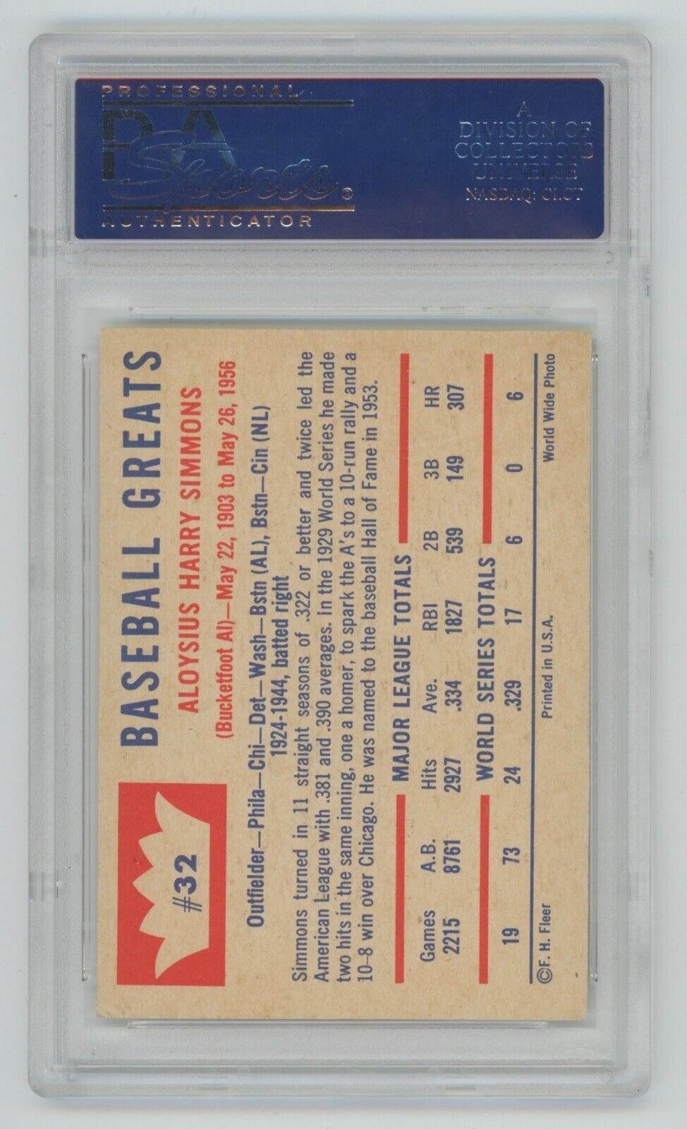 Al Simmons 1960 Fleer #32 • PSA 6 EX-MT