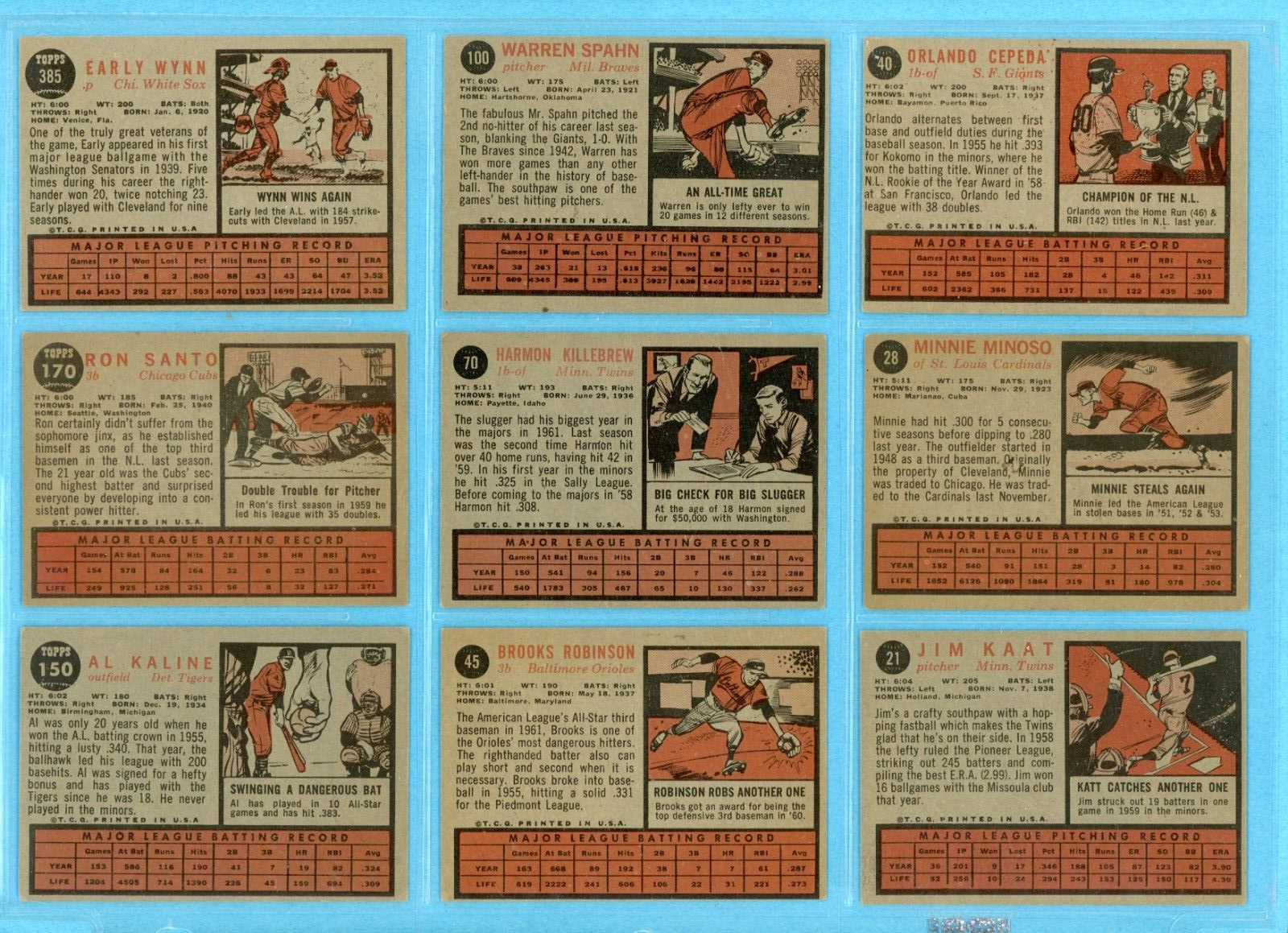 1962 Topps Lot of 9 Different Hall of Famer Baseball Cards Vg/Ex - Ex