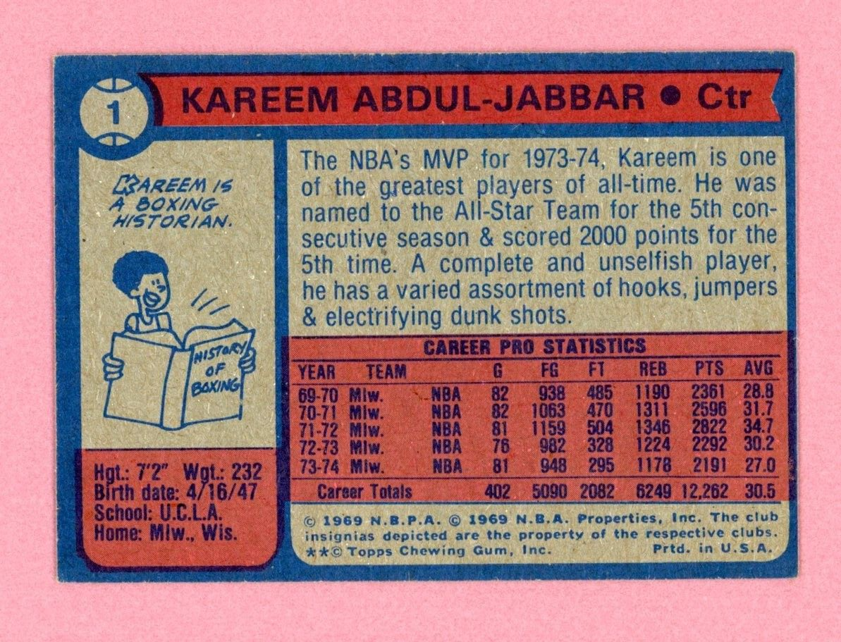 1974-75 Topps #1 Kareem Abdul-Jabbar Milwaukee Bucks Basketball Card Ex - Ex+