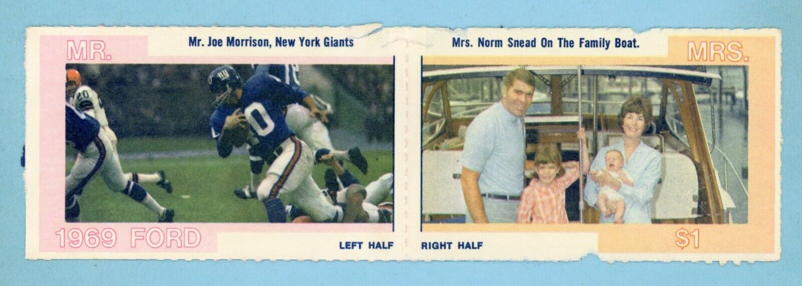 1968 American Oil Mr. & Mrs. Football Card Joe Morrison & Mrs. Norm Snead