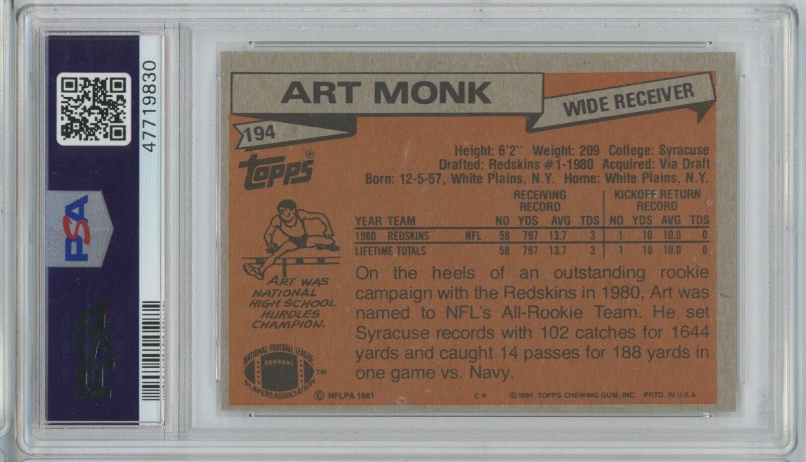 Art Monk Washington Redskins 1981 Topps ROOKIE Card #194 PSA 8 NM-MT