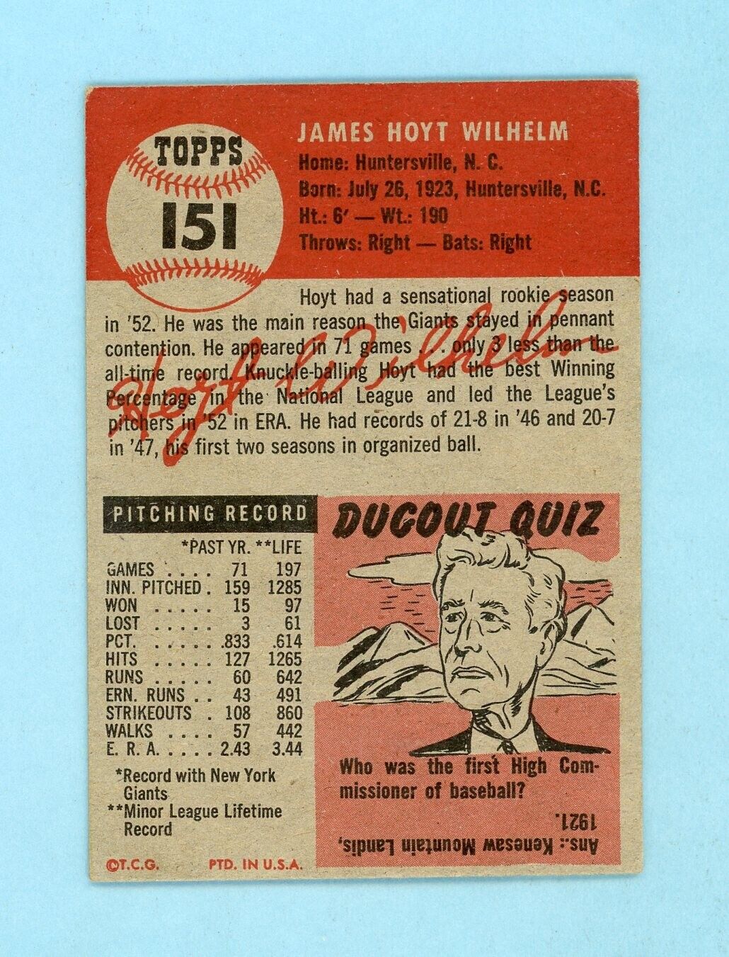 1953 Topps #151 Hoyt Wilhelm New York Giants Baseball Card EX+ o/c