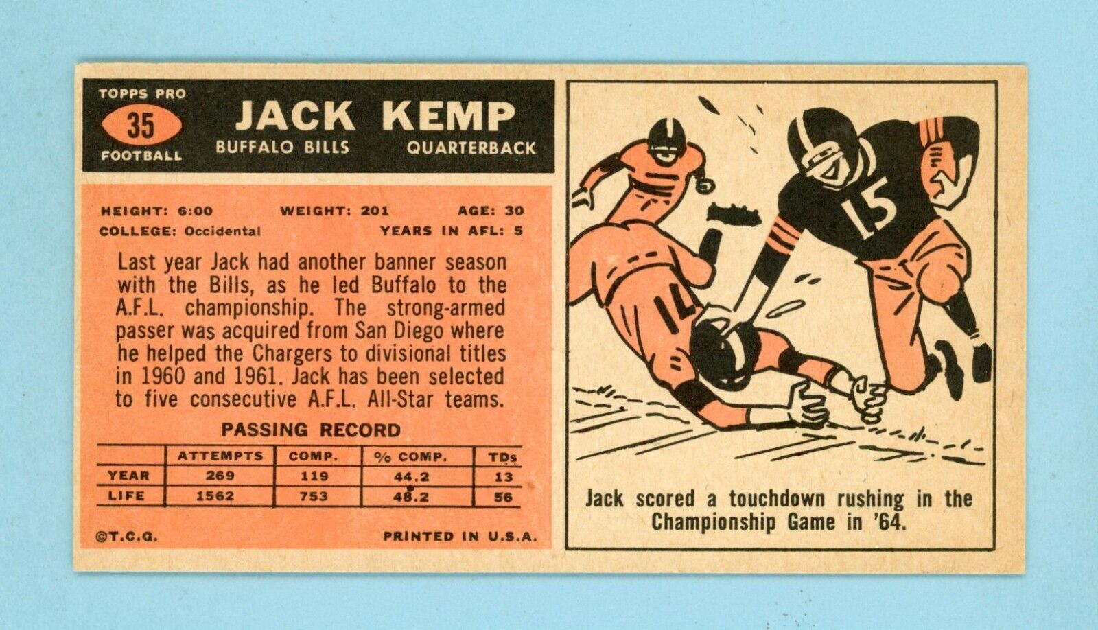 1965 Topps #35 Jack Kemp Buffalo Bills Football Card Ex/Mt o/c