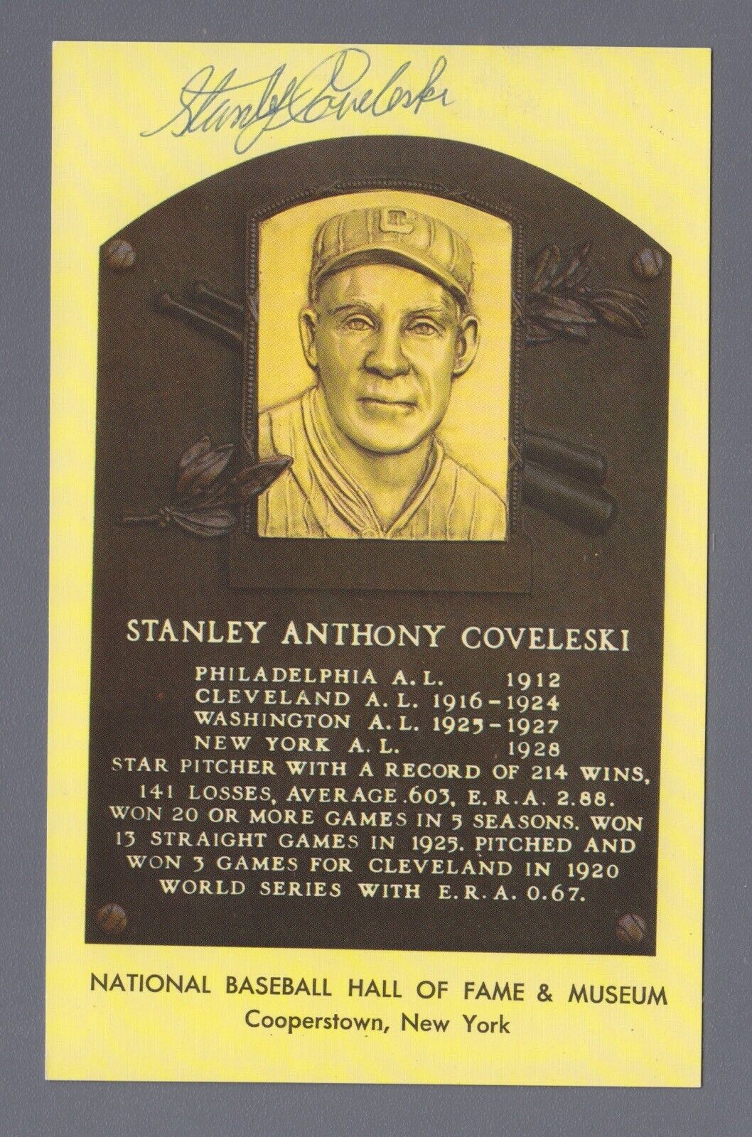 Stanley Coveleski Signed Hall of Fame Yellow Plaque w B&E Hologram