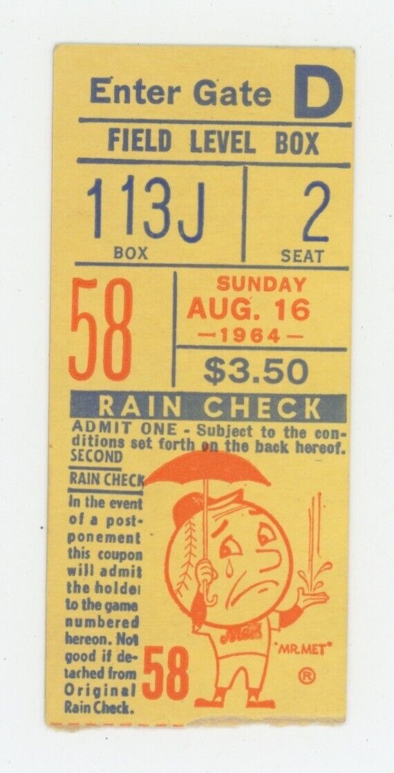 8/16/64  Philadelphia Phillies vs. New York Mets Ticket Stub