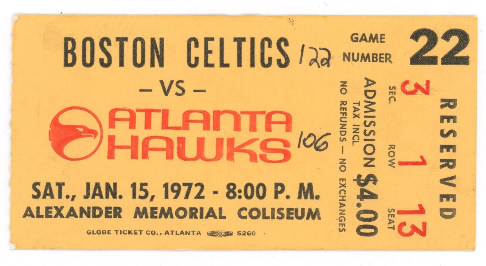 1/15/72 Boston Celtics vs Atlanta Hawks Ticket Stub