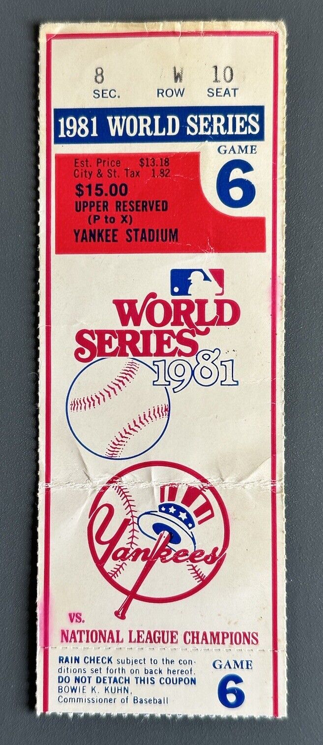 1981 World Series Ticket Stub Game 6 Dodgers @ Yankees - Dodgers Win Series!