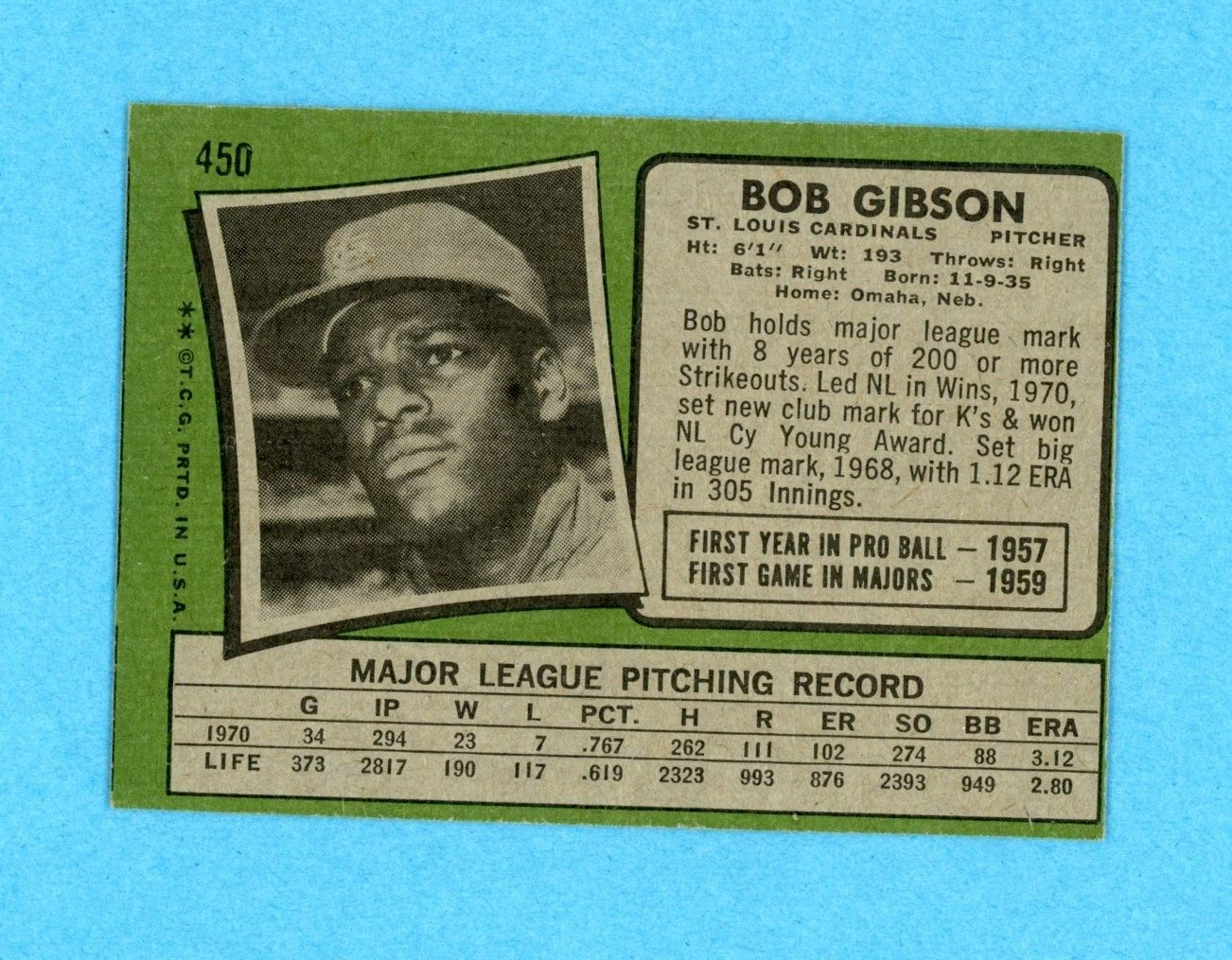 1971 Topps #450 Bob Gibson St. Louis Cardinals Baseball Card Ex/Mt lsrse