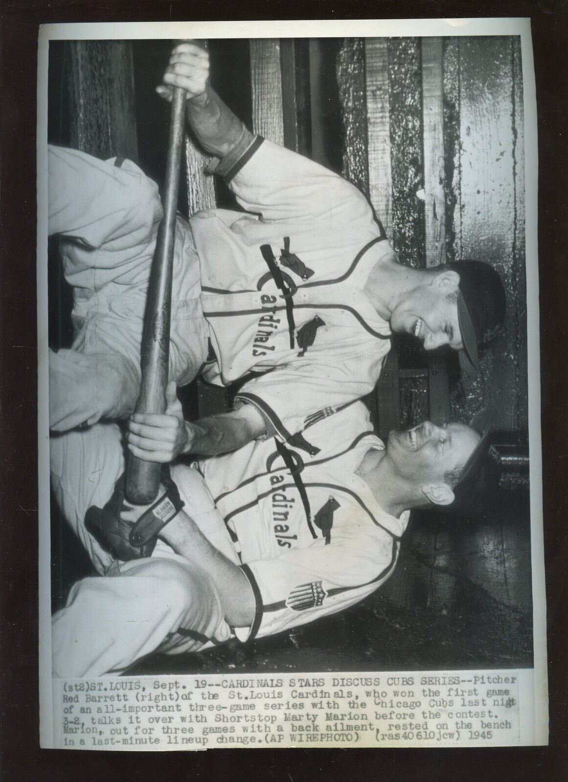 Original Sep 19 1945 Marty Marion & Red Barrett St. Louis Cardinals Wire Photo