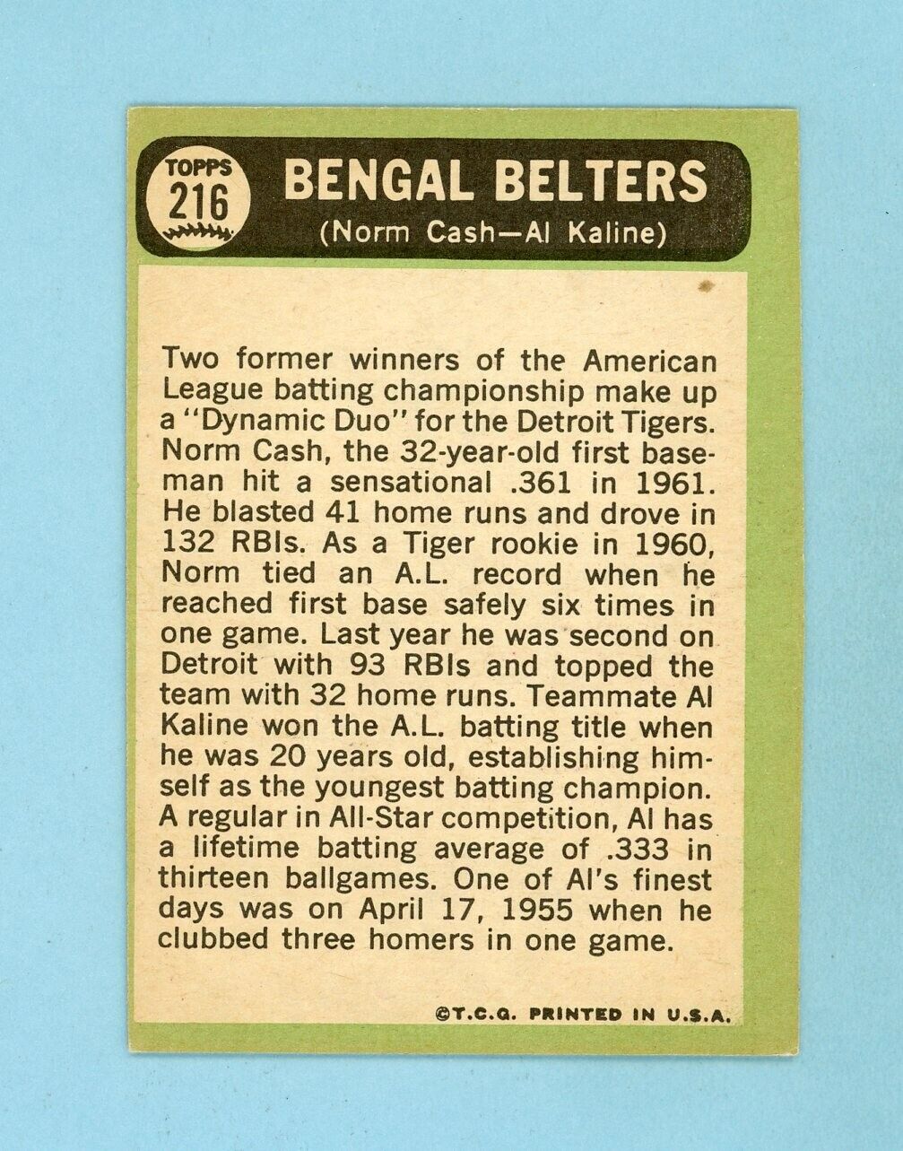 1967 Topps #216 Bengal Belters Norm Cash, Al Kaline Baseball Card EX o/c