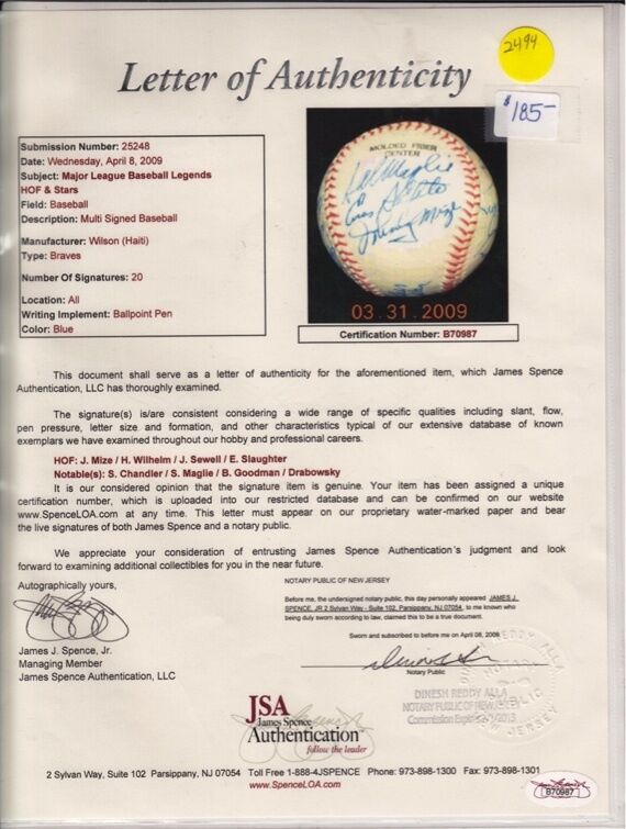 MLB Legends, Hall Of Famers & Stars 20 JSA Baseball