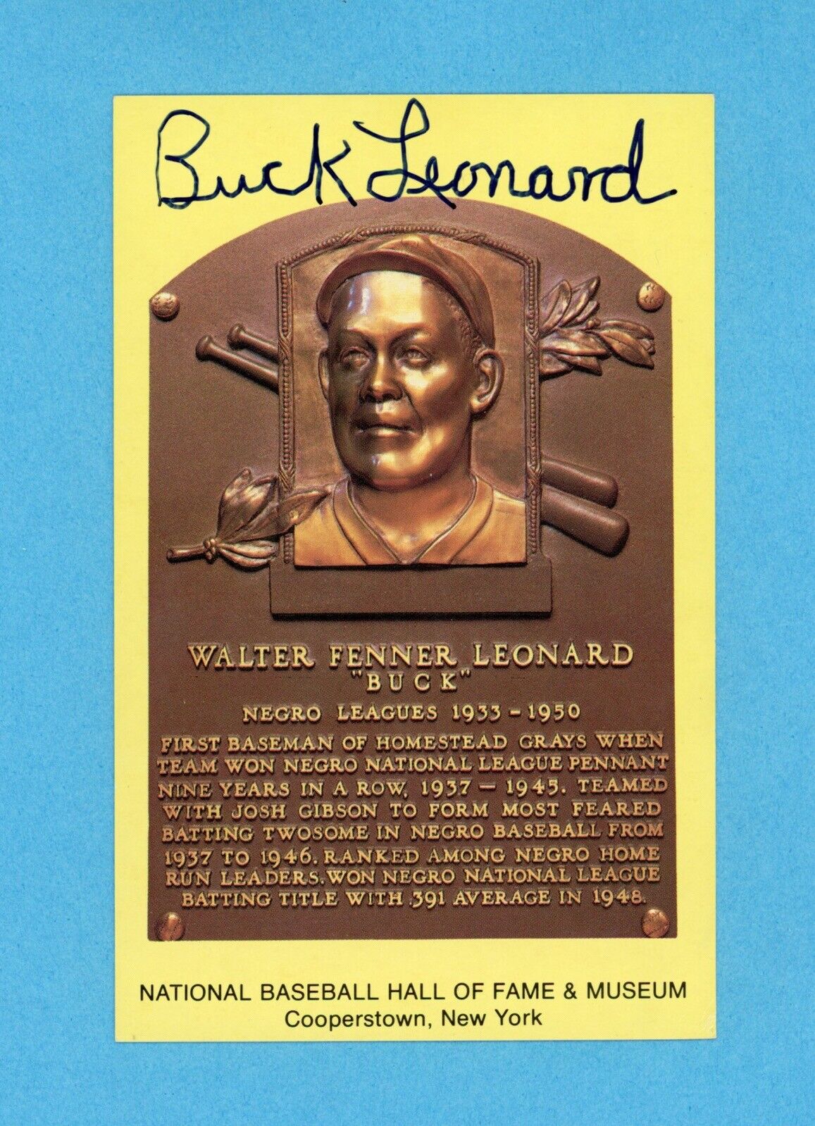 Buck Leonard Signed Hall of Fame Yellow Plaque • Auto w B&E Hologram