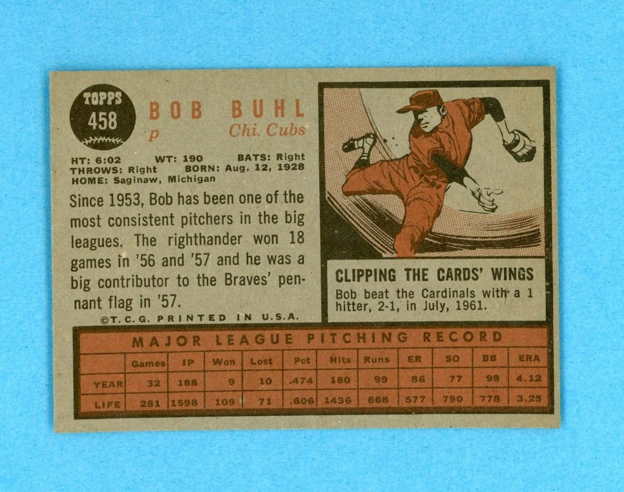 1962 Topps #458 Bob Buhl Chicago Cubs Semi-High Number Baseball Card NM o/c