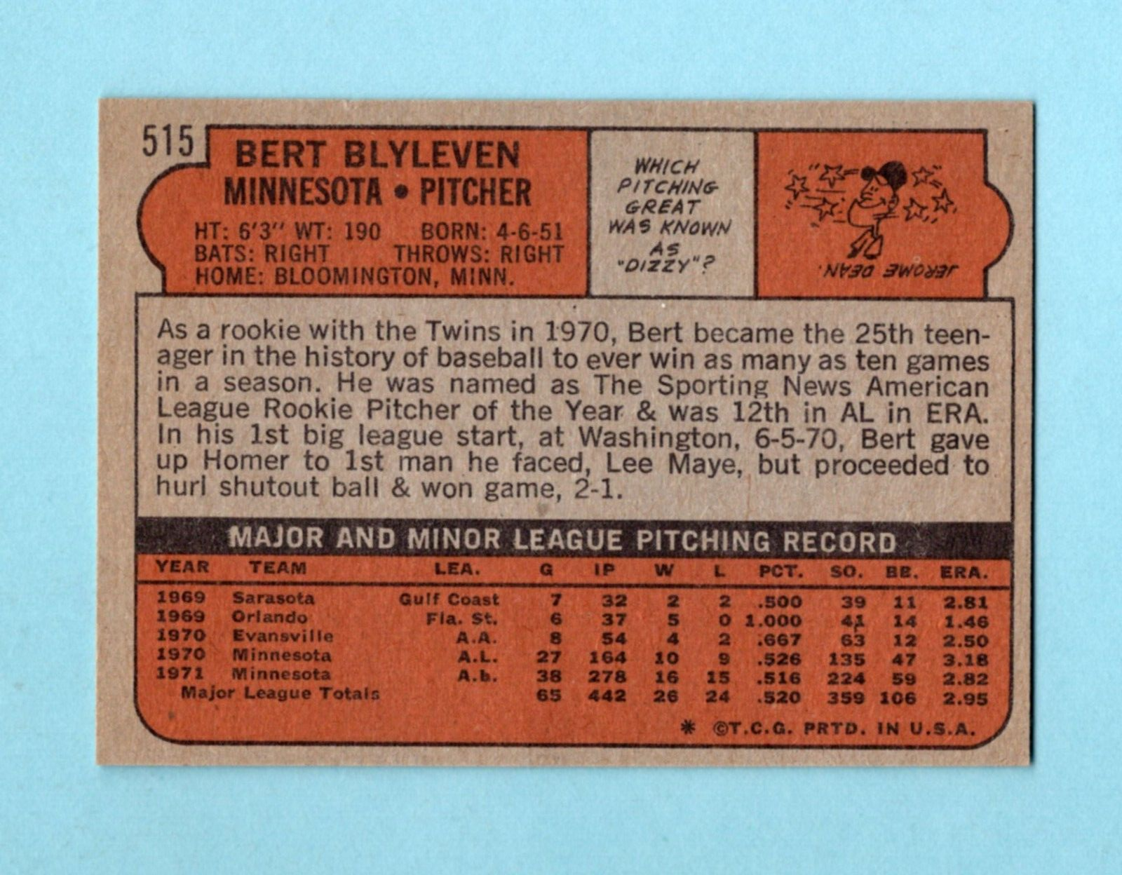 1972 Topps #515 Bert Blyleven Minnesota Twins Baseball Card NM