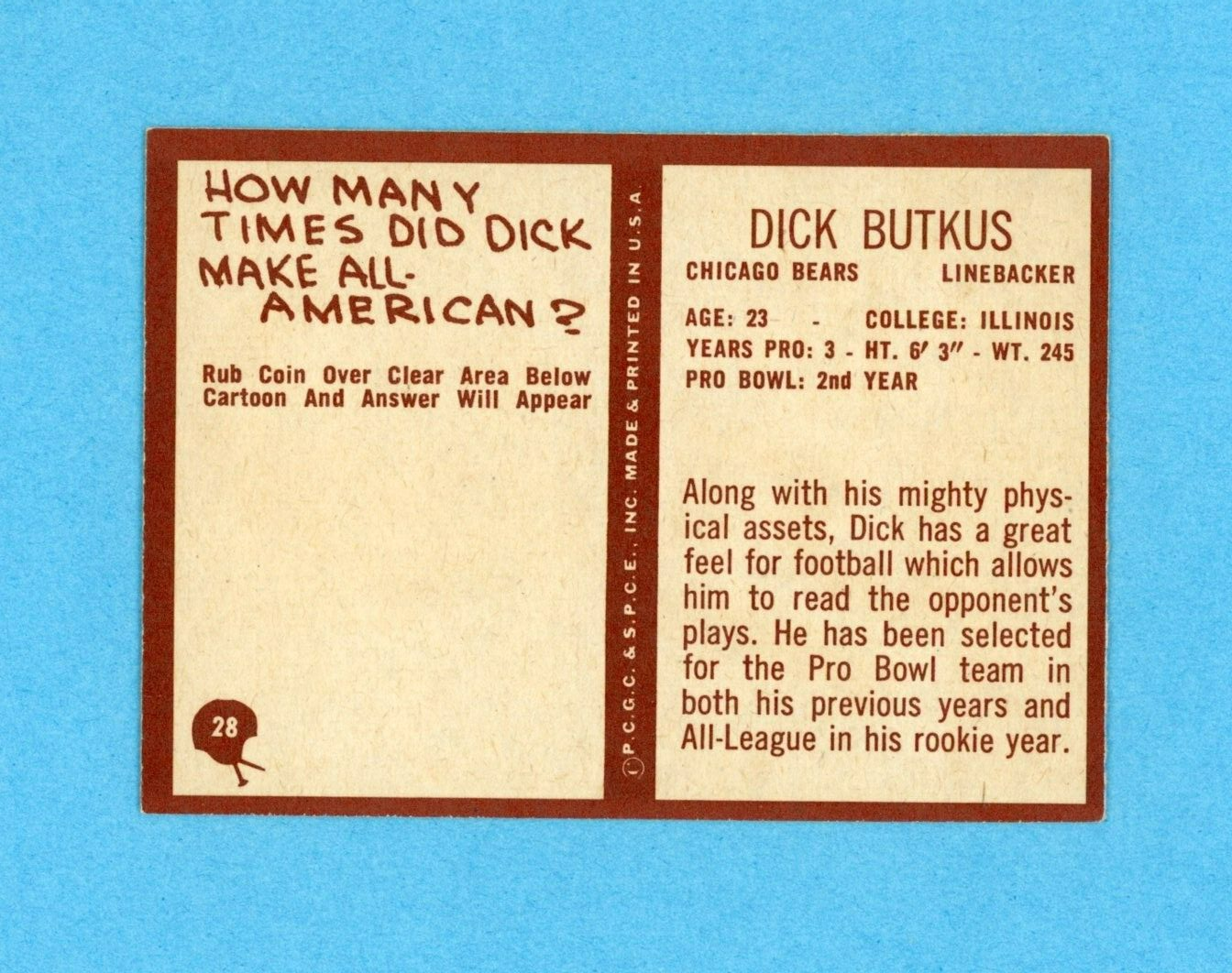 1967 Philadelphia #28 Dick Butkus Chicago Bears Football Card Ex/Mt