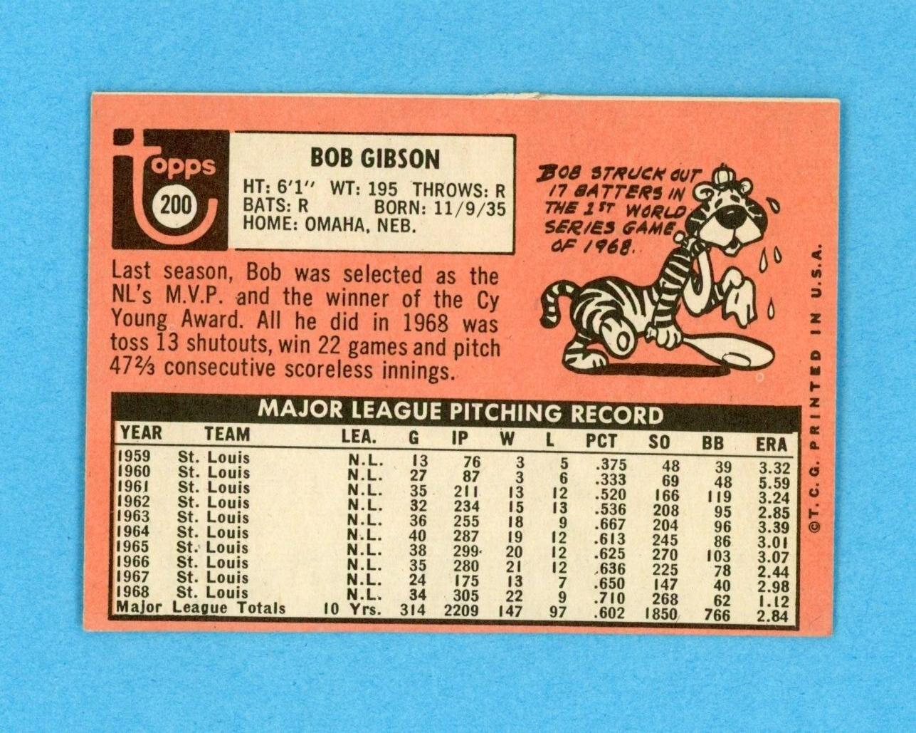 1969 Topps #200 Bob Gibson St Louis Cardinals Baseball Card EX o/c