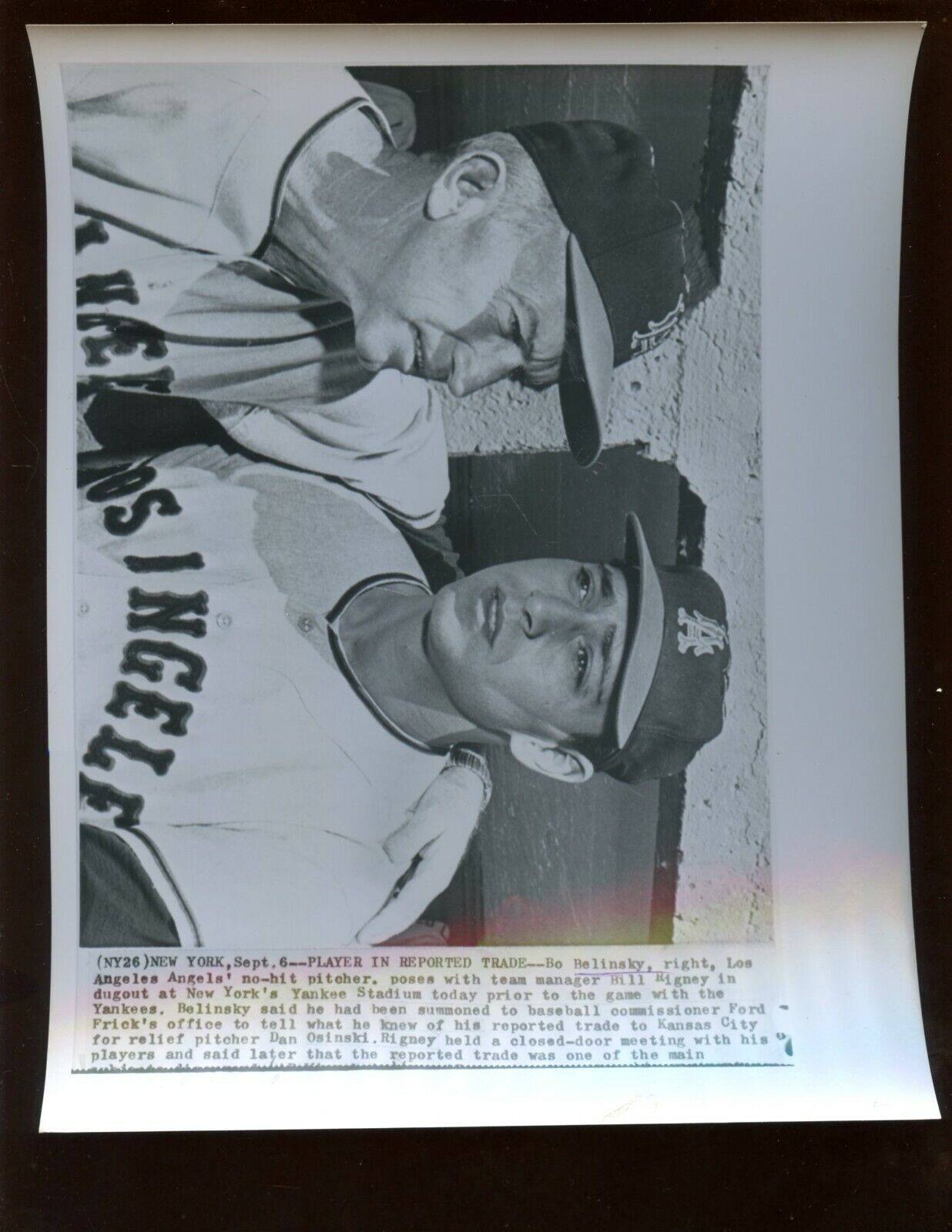 September 6 1962 Bill Rigney & Bo Belinsky Los Angeles Angels 8 X 10 Wire Photo