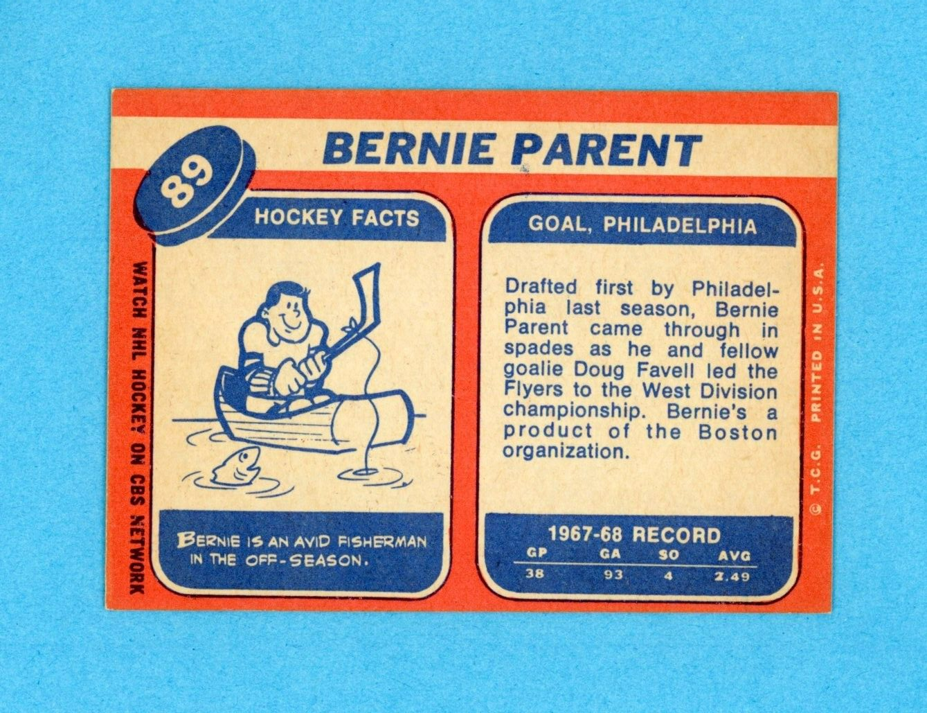 1968-69 Topps #89 Bernie Parent Philadelphia Flyers Rookie Hockey Card NM o/c