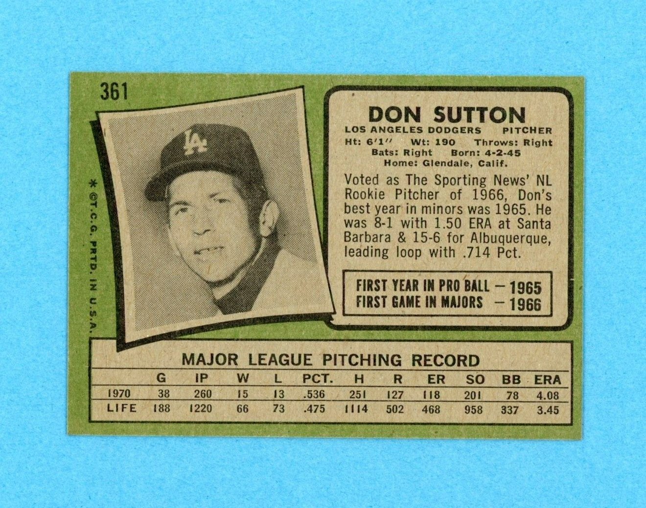 1971 Topps #361 Don Sutton Los Angeles Dodgers Baseball Card Ex/Mt - NM