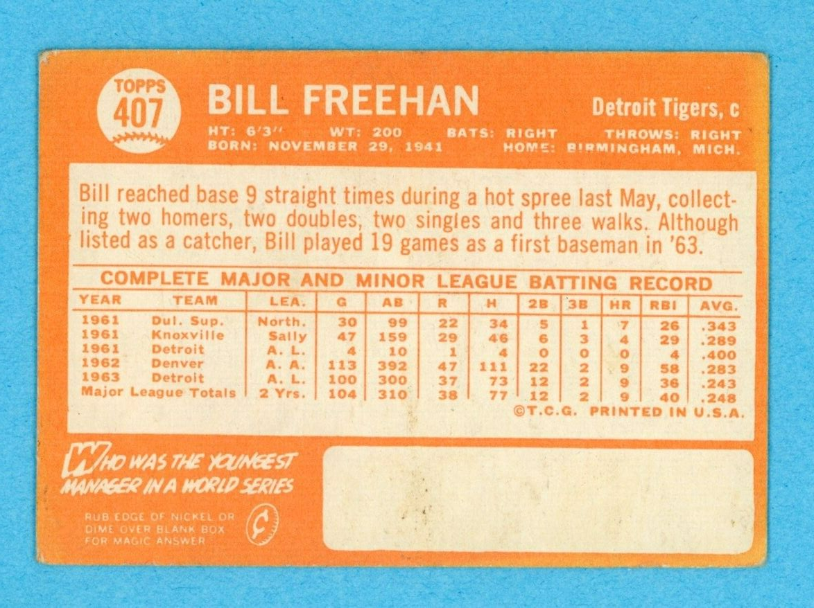 1964 Topps #407 Bill Freehan Detroit Tigers Baseball Card VG - VG+ few wrks