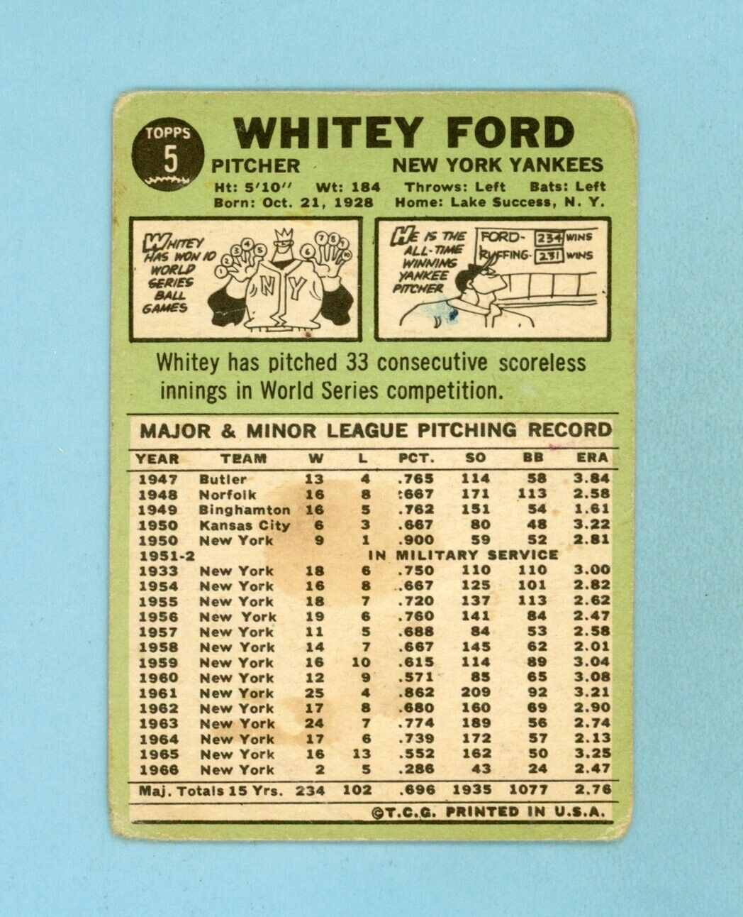 1967 Topps #5 Whitey Ford New York Yankees Baseball Card Low Grade