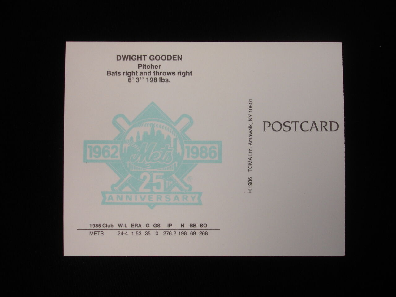 Dwight 'Doc' Gooden Autographed 1986 New York Mets Postcard