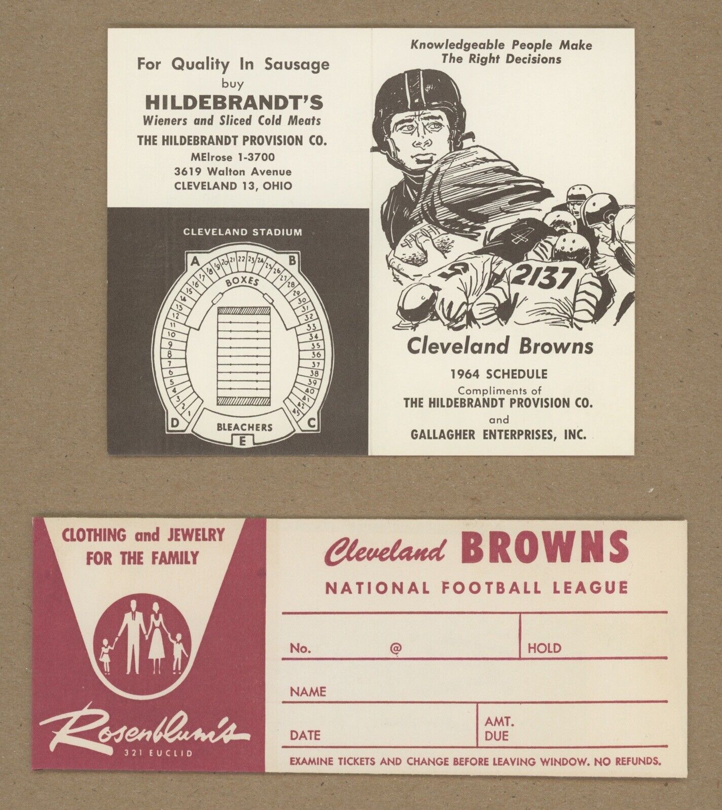 1964 Cleveland Browns Schedule & Ticket Order Forms 5 Pieces • Jim Brown Pic