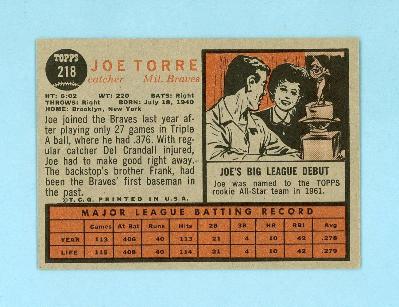 1962 Topps #218 Joe Torre Milwaukee Braves Rookie Baseball Card EX++