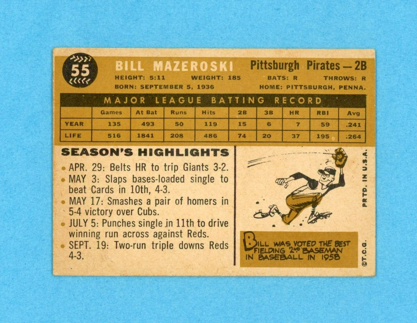 1960 Topps #55 Bill Mazeroski Pittsburgh Pirates Baseball Card EX