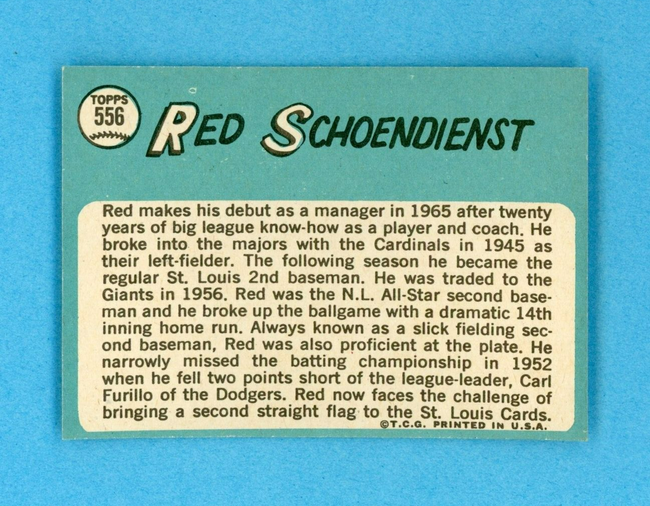 1965 Topps #556 Red Schoendienst St. Louis Cardinals Baseball Card NM