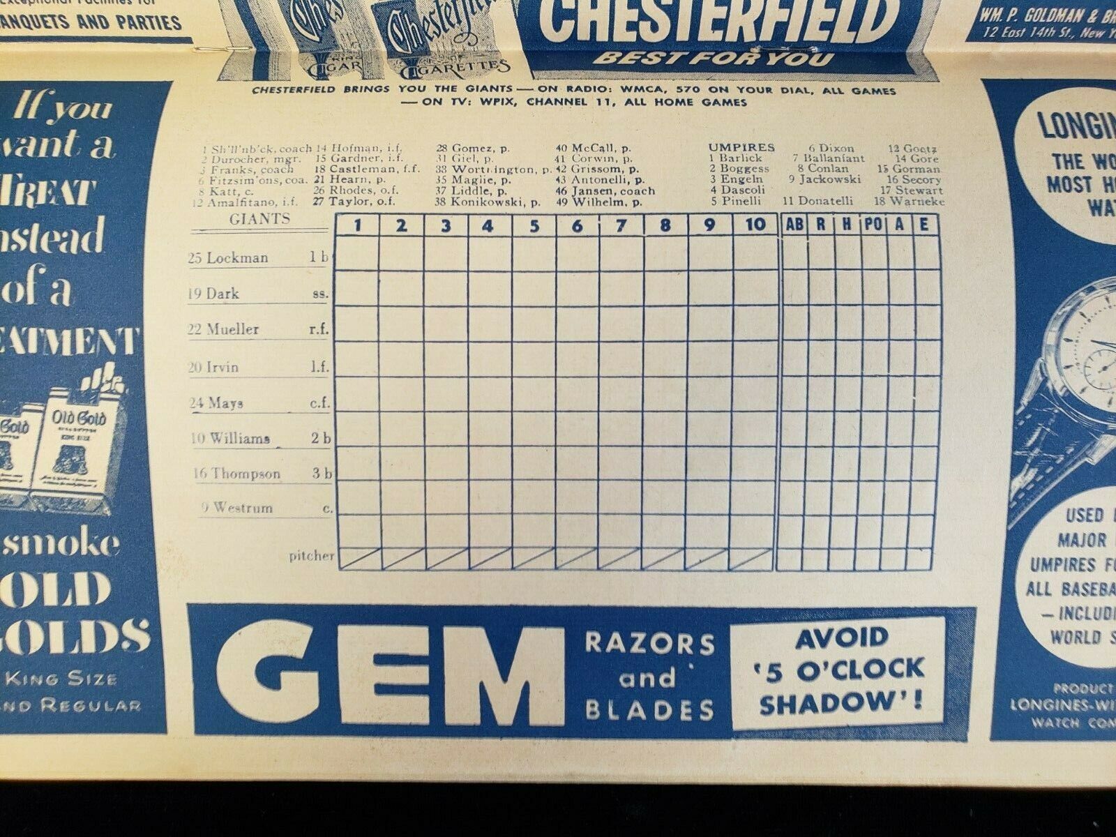 1954 Cincinnati Reds @ New York Giants Program - Unscored