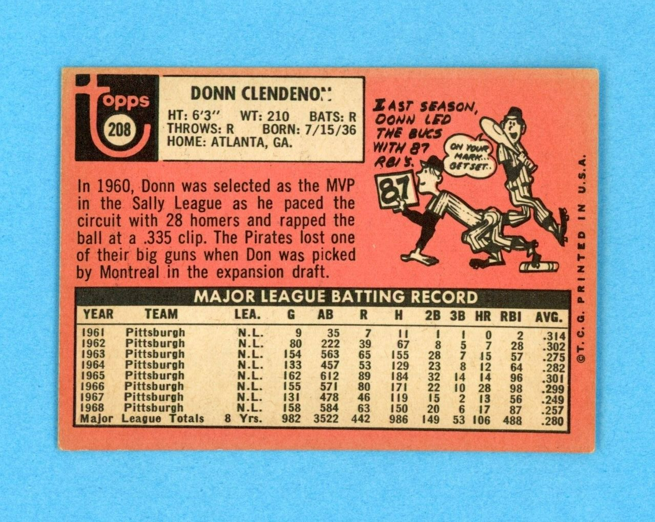 1969 Topps #208 Donn Clendenon Montreal Expos Baseball Card EX app stains