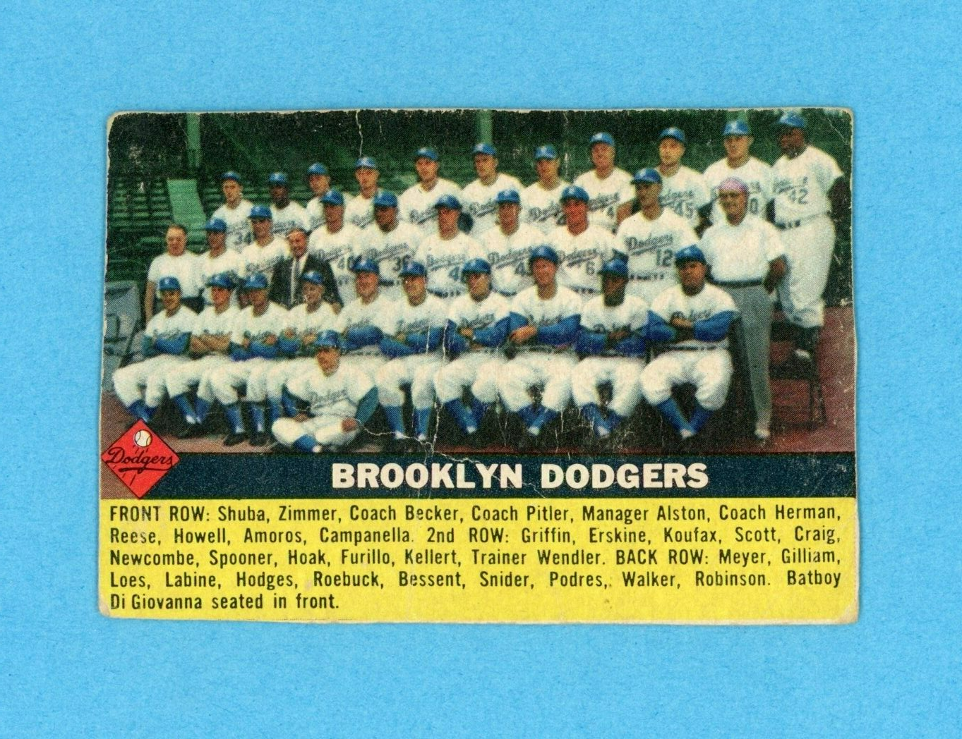 1956 Topps #166 Brooklyn Dodgers Team Baseball Card TRIMMED Jackie Robinson