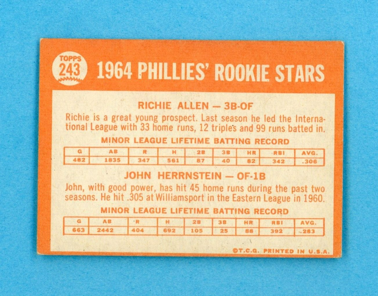 1964 Topps #243 Richie Allen Philadelphia Phillies Rookie Baseball Card EX o/c