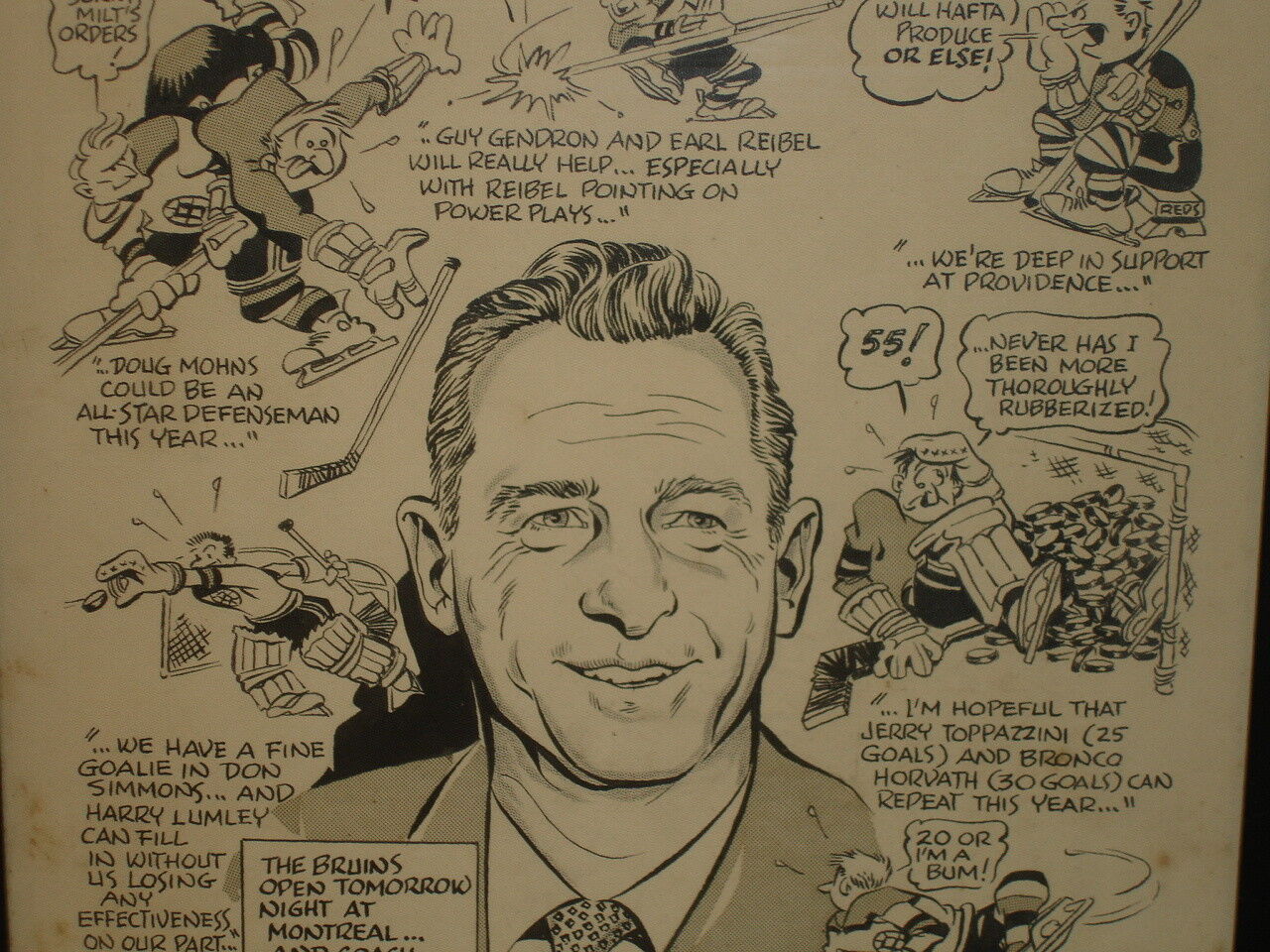 1958-59 Boston Bruins Original Artwork by BROB depicting Coach Milt Schmidt 