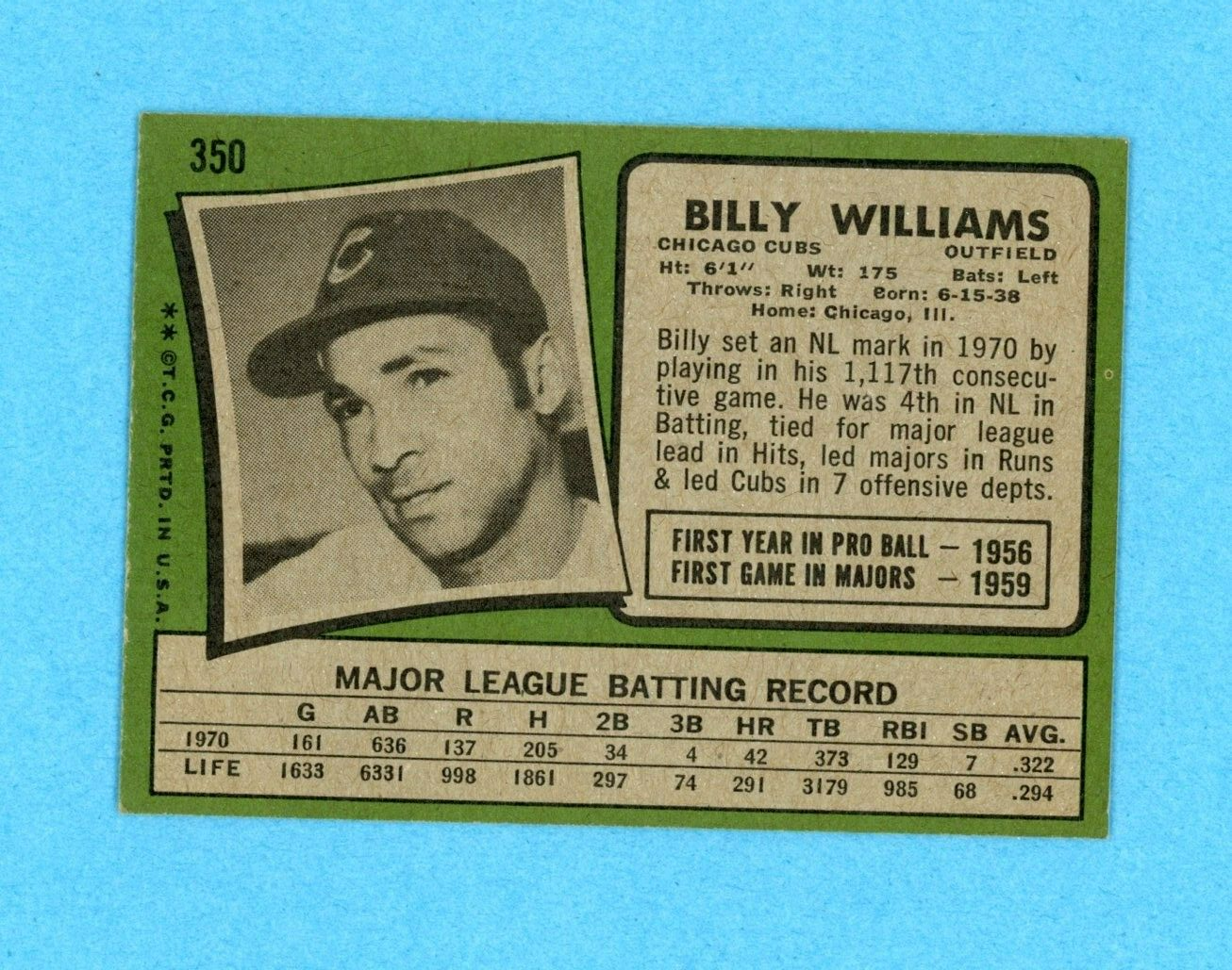 1971 Topps #350 Billy Williams Chicago Cubs Baseball Card EX++ - Ex/Mt